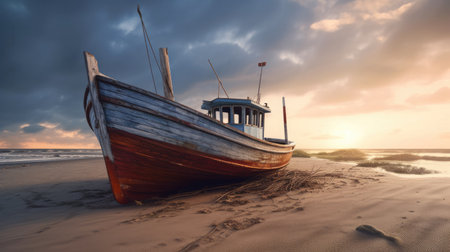 Fishing boat beached. Generative AIの素材