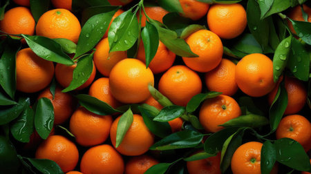 Fresh tangerines with stems and leaves. Generative AIの素材