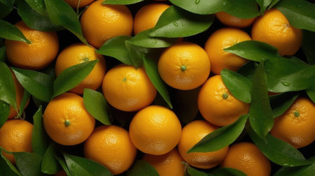 Fresh tangerines with stems and leaves. Generative AIの素材