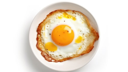 Fried egg on pure white background. Top view. Generative AIの素材