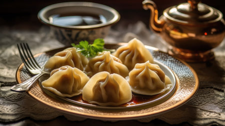 Georgian dumplings Khinkali on plate. Generative AIの素材