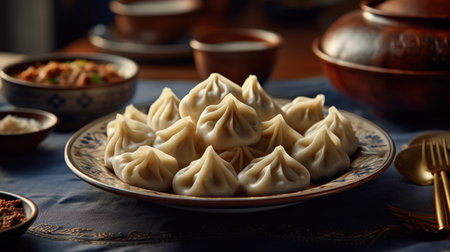 Georgian dumplings Khinkali on plate. Generative AIの素材