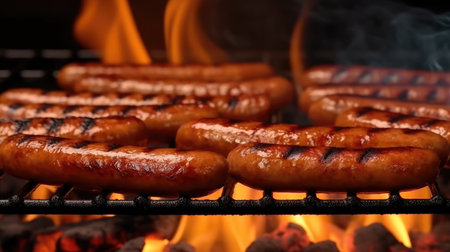Grilled sausages are cooked on a barbecue gril. Generative AIの素材