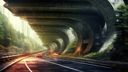 Highway under a bridge between a tunnel. Generative AIの素材