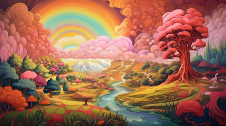 landscape with a magical rainbow. Generative AI.の素材