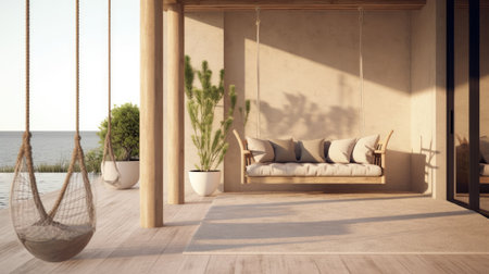 luxury house veranda with hanging swing. Generative AIの素材