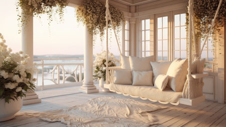 luxury house veranda with hanging swing. Generative AIの素材