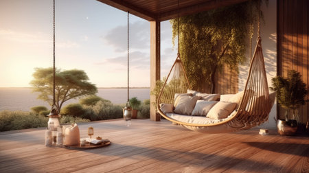 luxury house veranda with hanging swing. Generative AIの素材