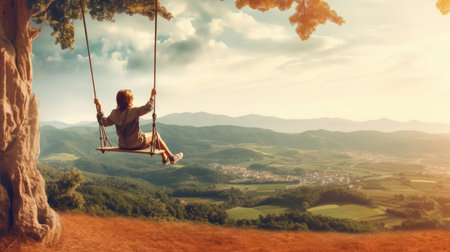 Man swinging on swing enjoying. Generative AIの素材