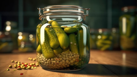 Marinated pickled cucumbers in jar. Generative AIの素材