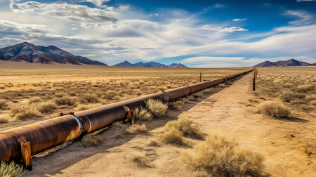 Oil and gas pipeline through desert landscape. Generative AIの素材