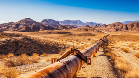 Oil and gas pipeline through desert landscape. Generative AIの素材