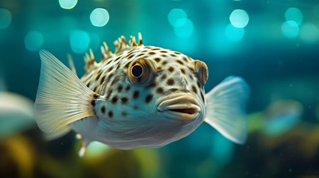 Close-up of a Pufferfish swimming in an aquarium. Generative AIの素材