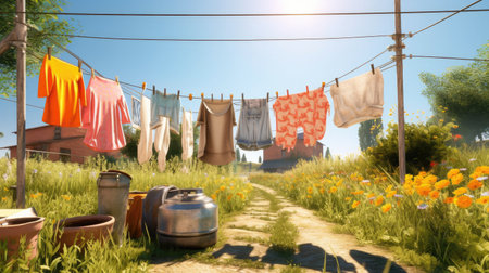 Clothesline with clothes in the summer sun. Generative AIの素材