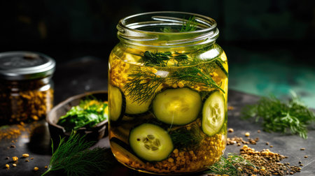Marinated pickled cucumbers in jar. Generative AIの素材