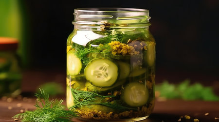 Marinated pickled cucumbers in jar. Generative AIの素材