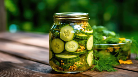 Marinated pickled cucumbers in jar. Generative AIの素材