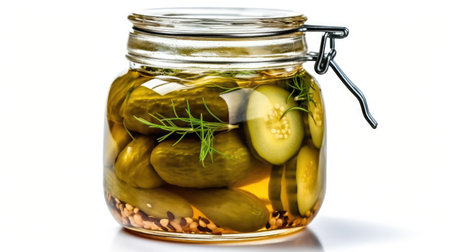 Marinated pickled cucumbers in jar. Generative AIの素材