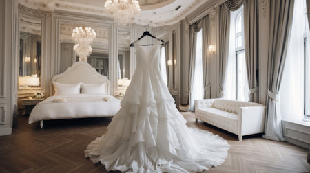Modern white wedding dress in the luxury room. Generative AIの素材