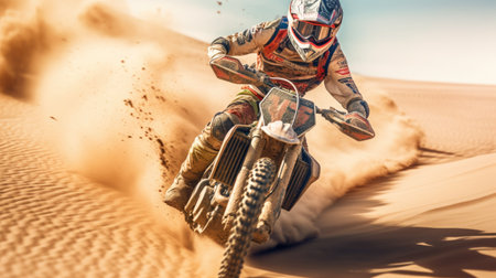 Motorcycle racing on sand athlete rider. Generative AIの素材