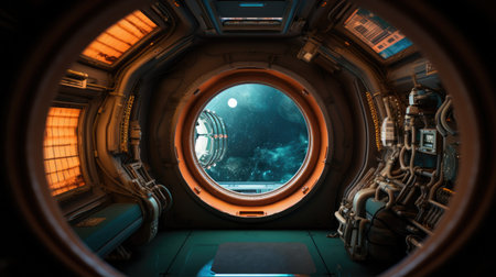 Outer view of spaceship window. Generative AIの素材