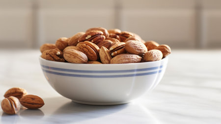 Peeled pecan nuts in bowl on white table. Generative AIの素材