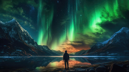 Person in the mountains watching the beautiful. Generative AI.の素材