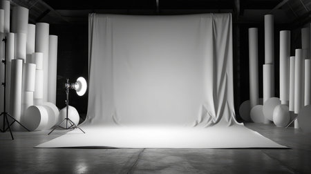 Photographic studio white backdrop paper roll. Perspective view of stock market growth business. Generative AIの素材
