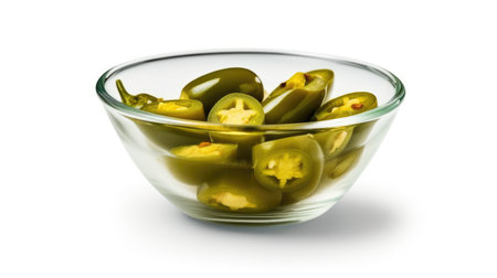 Pickled sliced jalapeno in bowl isolated. Generative AIの素材