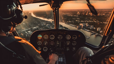 Pilot in the Cockpit of a Helicopter back view. Generative AIの素材