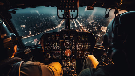 Pilot in the Cockpit of a Helicopter back view. Generative AIの素材