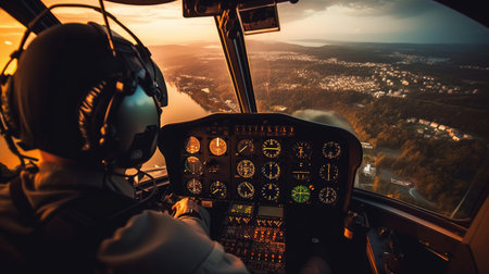 Pilot in the Cockpit of a Helicopter back view. Generative AIの素材