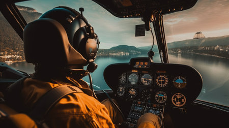 Pilot in the Cockpit of a Helicopter back view. Generative AIの素材