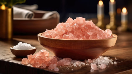 Pink himalayan salt on kitchen table. Generative AIの素材
