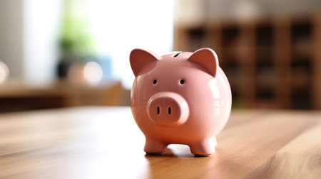 Pink piggy bank on wooden table with blurred background. Generative AIの素材