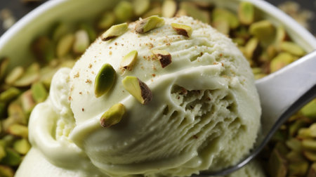 Pistachio ice cream as background closeup. Generative AIの素材