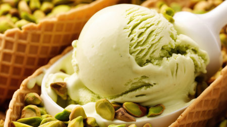Pistachio ice cream as background closeup. Generative AIの素材