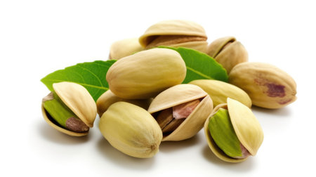 Pistachio with leaves isolated on white backgrond. Generative AIの素材
