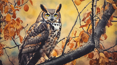 Portrait of a Great Horned Owl sitting in a tree. Generative AIの素材