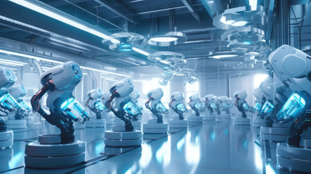 Robotic arms working at the futuristic factory. Generative AIの素材