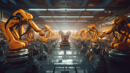 Robotic arms working at the futuristic factory. Generative AIの素材