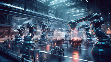 Robotic arms working at the futuristic factory. Generative AIの素材