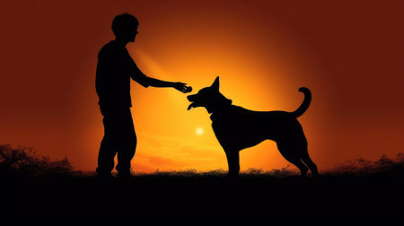 Silhouette person is playing with dog. Generative AIの素材