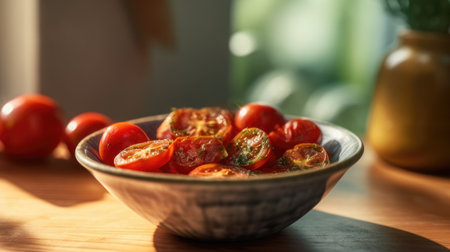Sun dried tomatoe. Pickled tomatoes in bowl. Generative AIの素材