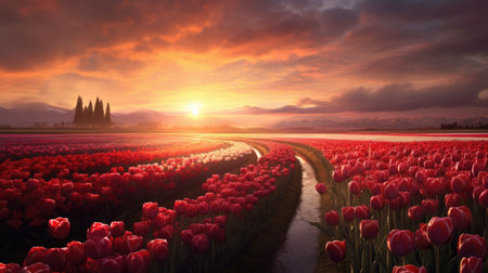 Sunset over the blooming tulip field. Generative AIの素材