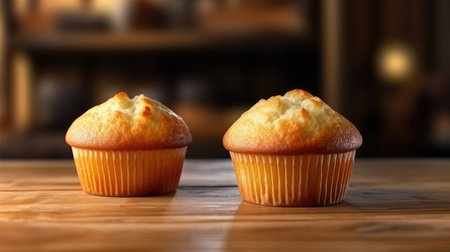 Sweet vanilla muffins on wooden table. Generative AIの素材