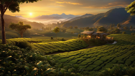Tea plantation with sunset. Generative AIの素材