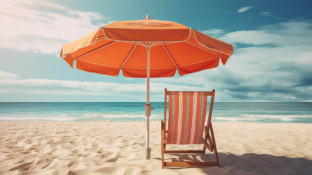 Umbrella and deck chair on the beach. Generative AIの素材