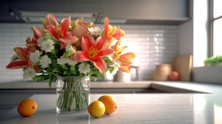 Vase of flowers on kitchen countertop. Generative AIの素材