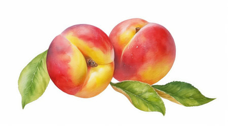 Watercolor nectarines with leaves isolated on white background. Generative AIの素材